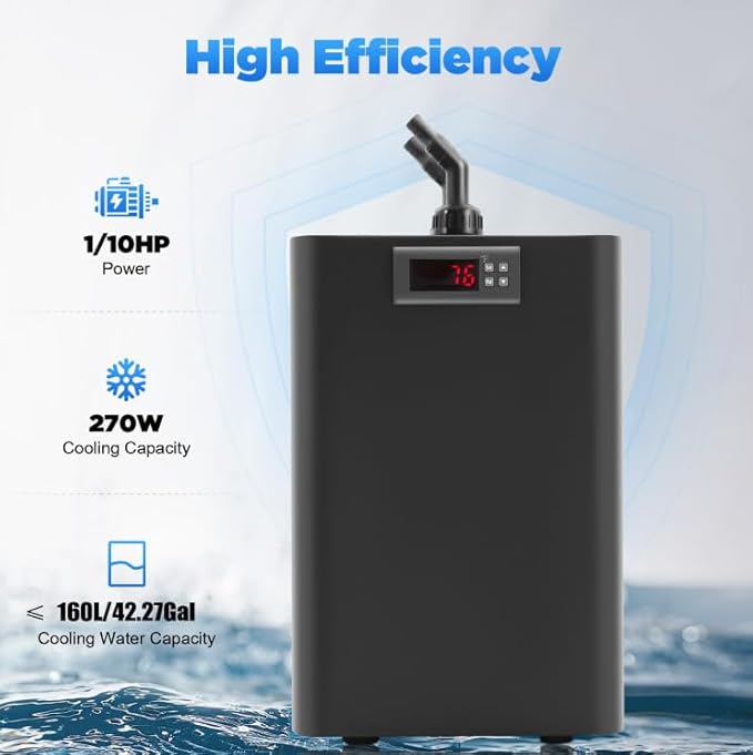 42Gal Aquarium Chiller for Axolotl 1/10HP Water Cooler Fish Tank Chiller Hydroponics Cooling System with Adjustable Temperature, 160L Water Chillers for Aquarium Aquaculture