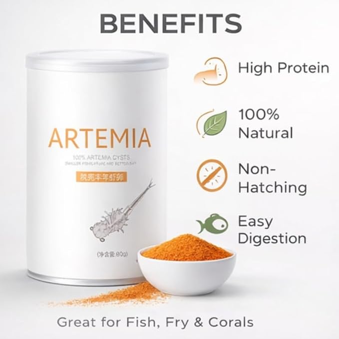 Decapsulated Brine Shrimp Eggs Non Hatching, Feeder Included, Natural High Protein Fish Food for Fry, Tropical Fish, Corals and Marine Aquariums, Artemia Nauplii, 2.82 oz (80 g)