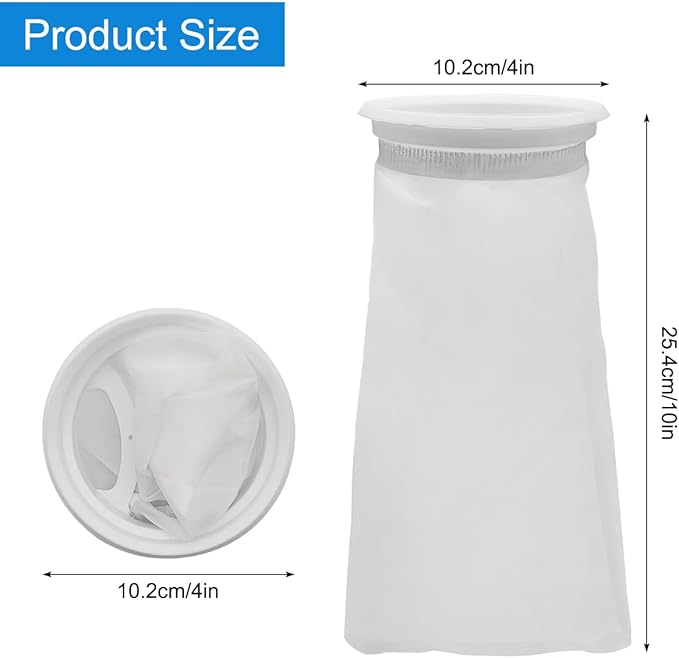 4 Pack 4 Inch Aquarium Filter Bags, Nylon Mesh Filter Socks, 200 Micron Felt Filtration, 4 Inch Ring by 10 Inch Long