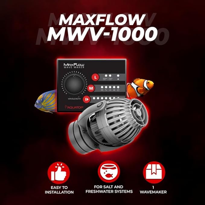 Aquatop MaxFlow MWV-1000 DC Wavemaker Pump with Controller - For 25-55 Gallon Aquariums - Safe for Salt & Freshwater - Energy-Efficient, Low Power Use