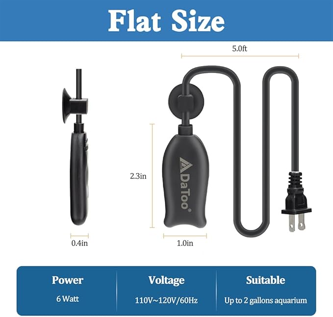 DaToo Super Mini Aquarium Heater 6 Watts Small Fish Tank Flat Heater 6W with Free Thermometer Strip Submersible Slim Betta Heater for Up to 2 Gallon Desktop Aquariums