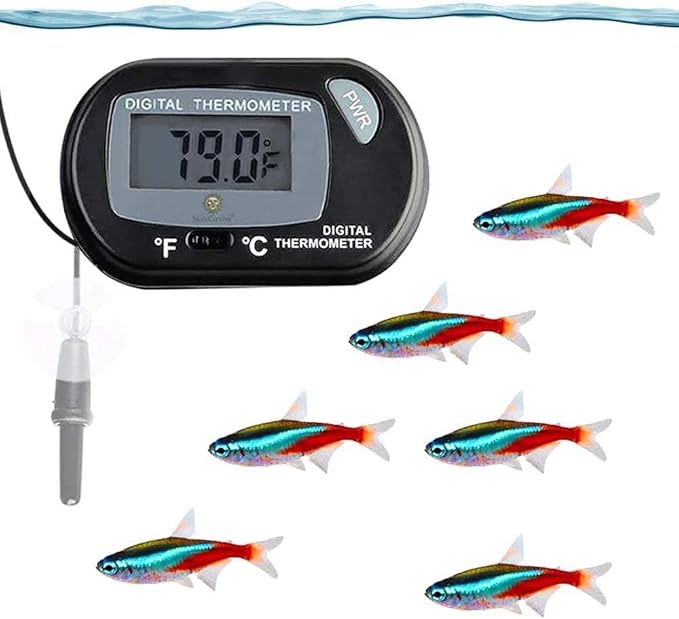 SunGrow Digital Betta Thermometer for Tropical Aquarium Fish, Black Color, 4 Suction Cups and 2 Batteries Included, 2 pcs per Pack