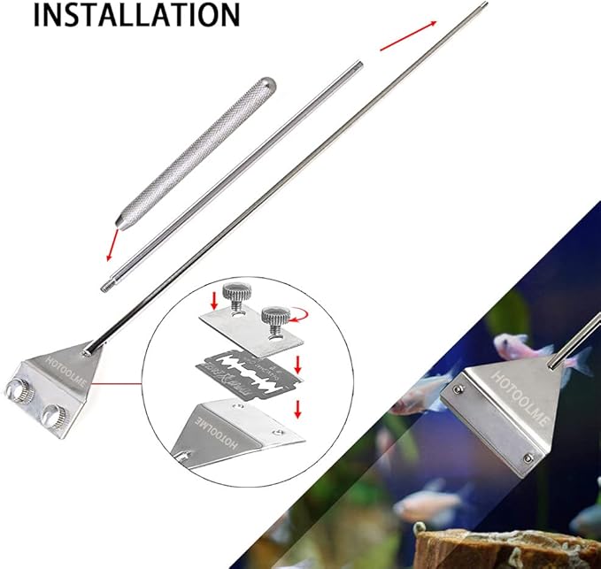 HOTOOLME Aquarium Scraper, 25.6" Stainless Steel Scraper Cleaning Razor with 10 Blades for Glass Aquarium Fish Tank