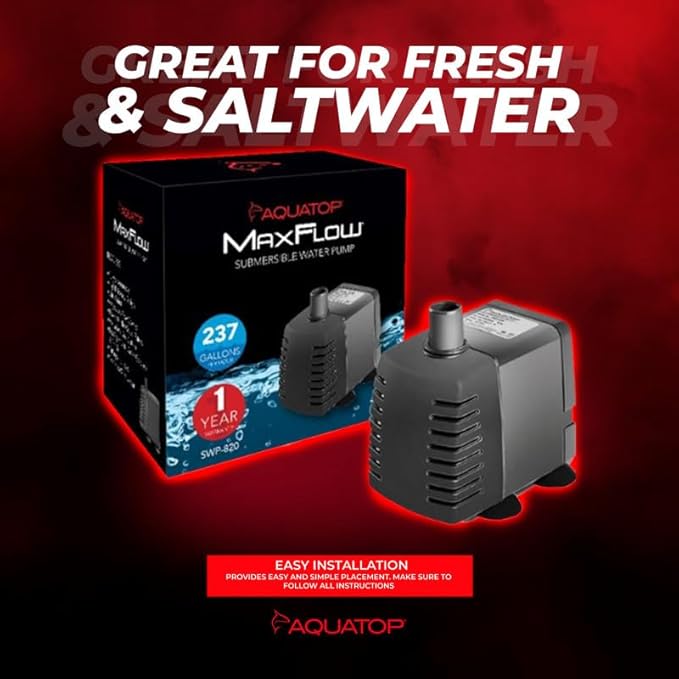 Aquatop MaxFlow Submersible Aquarium Pump 237 GPH – Adjustable Flow Rate for Fish Tanks, Sumps, Statuary, and Water Features, SWP-820
