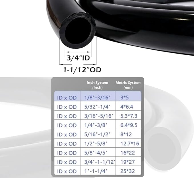 Feelers Black PVC Vinyl Tubing 3/4" ID x 1-1/12" OD Water Fish Tank Aquarium Air Line Lightweight Hose BPA Free, 3.28 Feet