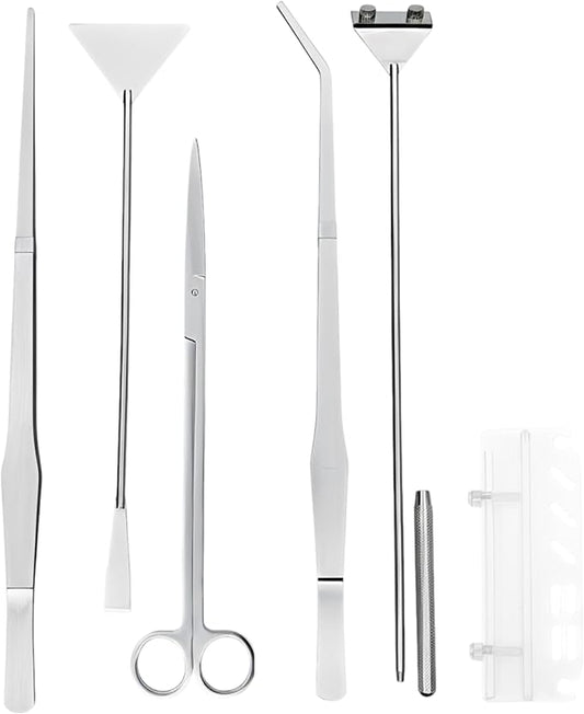 Aquascaping Tools Kit, 6 Pcs Stainless Steel Aquarium Plant Tools Set with Silver Acrylic Holder, 15 in Tweezers, 11.8 in Scissors, Algae Scraper, 12.6 in Sand Spatula