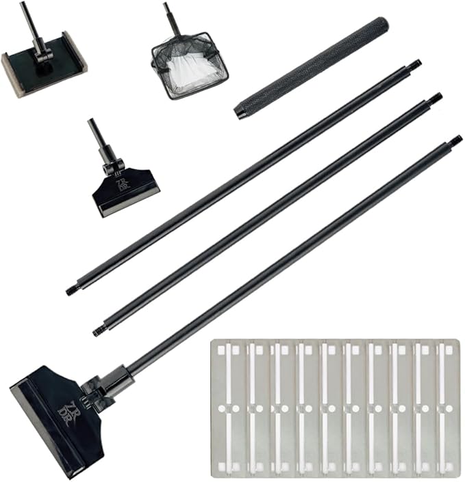 Stainless Steel Algae Scraper Aquarium Cleaning Tool for Glass Aquariums, Including Algae Scraper, Sponge Pad, Fish Net, Cleaning Brush, Adjustable Length, Durable, Does Not Hurt The Fish Tank