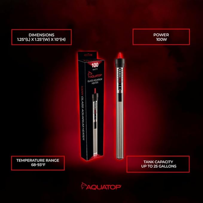 Aquatop 100W Aquarium Submersible Glass Heater - Fully Submersible for Fish Tanks Up to 25 Gallons - Adjustable Temperature 68-93°F - Ideal for Fresh & Saltwater Use