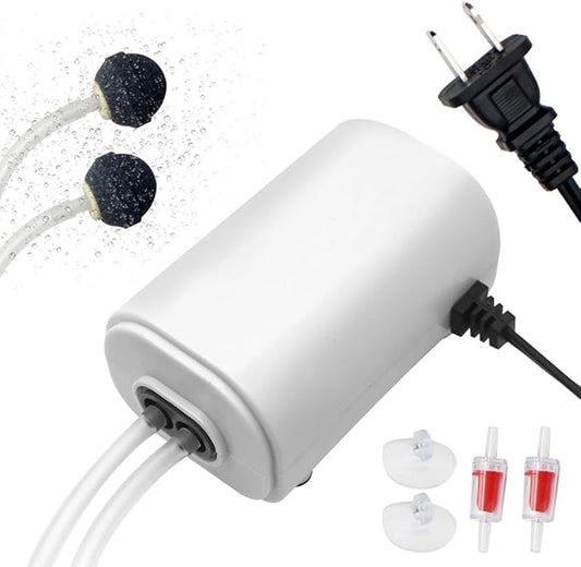 Mini Air Pump Aquarium Quietest for Fish Tank 5 to 75 Gallons, Adjustable Dual-Outlet Bubbler for Bait 3W 108GPH, with Air Stones, Airline Tubing, Check Valves, Suction Cup