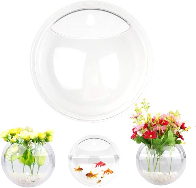 UNIE 2 PCS 6 Inch Wall Mounted Fish Tank Round Transparent Fish Bowl Plastic Aquarium for Flowers and Plants Decor