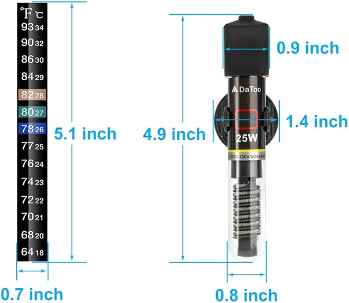 DaToo Mini Aquarium Heater 25W Small Fish Tank Heater 25 Watt with Free Thermometer Sticker