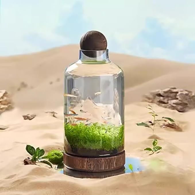 Glass Aquarium with Wooden Base, Microecosphere Fish Tank, Transparent Bottle-Shaped Batta Fish Bowel, Micro-Landscape Ecological Aquarium, Modern Glass Goldfish Tank,M
