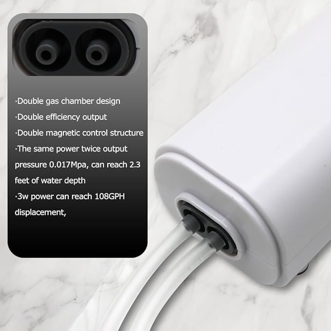 Mini Air Pump Aquarium Quietest for Fish Tank 5 to 75 Gallons, Adjustable Dual-Outlet Bubbler for Bait 3W 108GPH, with Air Stones, Airline Tubing, Check Valves, Suction Cup
