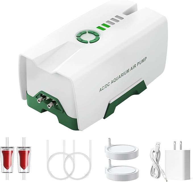 Ghosthorn Quiet AC/DC Aquarium Air Pump Battery Powered Aquarium Bubbler with 87 Hours Battery Life 2-Outlet Rechargeable Bait Aerator Adjustable Oxygen Pump, Power Outages and Emergency