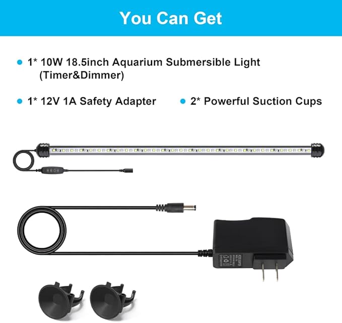 DaToo 10W 18.5inch Submersible Aquarium Light Underwater Fish Tank Light LED Aquarium Light Bar with Timer Auto On/Off and Dimmer Adjustable Brightness, 1 Yr Warranty