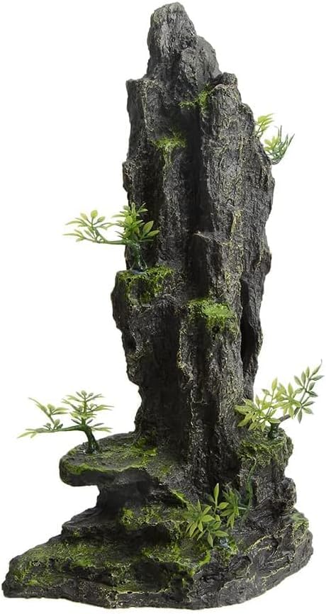 Tall Aquarium Decor 14.4inch, Cool Large Fish Tank Decorations Accessories, Resin Mountain View Aquarium Ornament with Tree Hideout Cave, for Betta Goldfish Shrimp Guppy Cichlid Play Rest