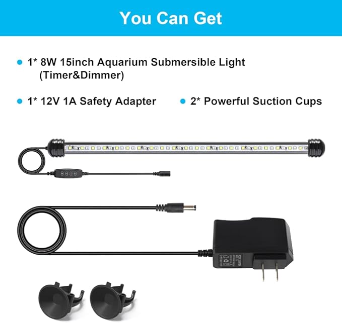 DaToo 8W 15inch Submersible Aquarium Light Underwater Fish Tank Light LED Aquarium Light Bar with Timer Auto On/Off and Dimmer Adjustable Brightness, 1 Yr Warranty