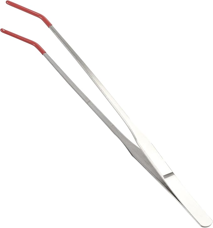 Stainless Steel Reptile Feeding Tongs, Curved Aquarium Tweezers with Rubber Tip, Terrarium Tongs for Gecko, Lizard & More, 10.63" Length, Red