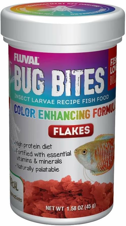 Fluval Bug Bites Color Enhancing Fish Food for Tropical Fish, Flakes for Small to Medium Sized Fish, 1.59 oz., A7347, Brown