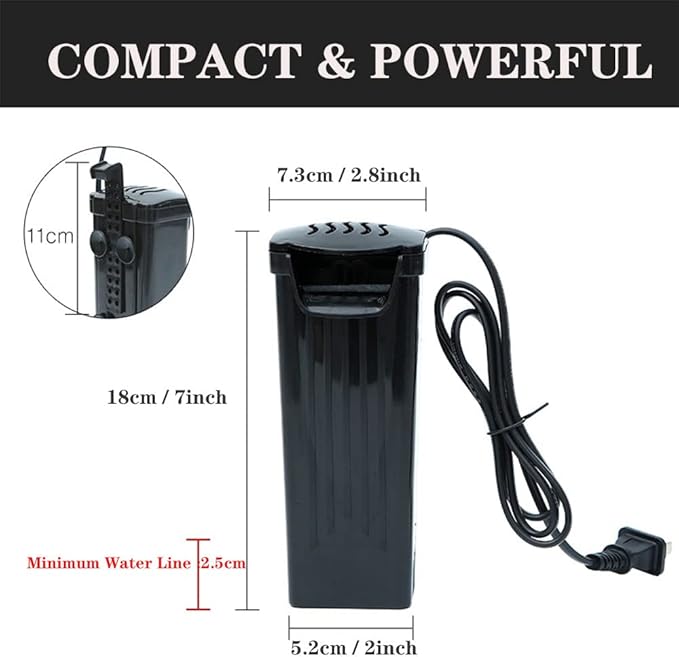 Aquarium Filter Fish Tank Filter for Turtle Tanks, Reptiles, Amphibians, Frog, Cichlids, Newt or Fish Tank Waterfall Flow Water Clean Pump (Black Filter)