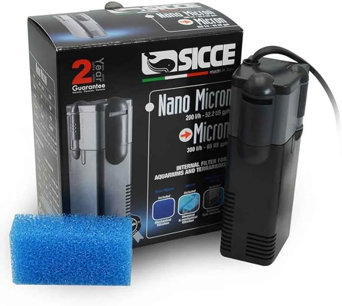 SICCE Nano Micron Small Internal Aquarium Filter 53 GPH Submersible | in-Tank Freshwater Saltwater Turtle Aquariums Application with Removable Filter Sponge
