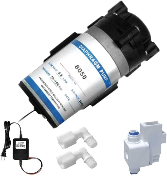 Reverse Osmosis 50 GPD RO Booster Pump + High Pressure Switch, 2 Connect Fittings - 1/4 OD x 3/8 MIP Elbow