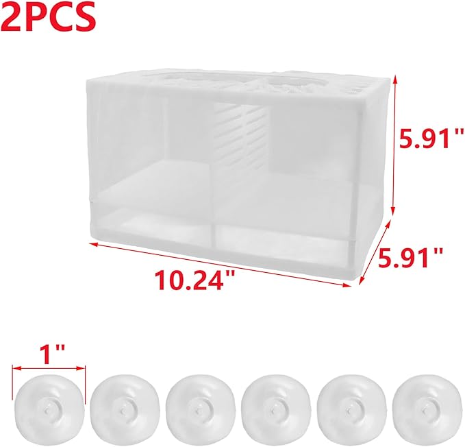 MY MIRONEY 2PCS 10.24" x 5.91" x 5.91" Fish Tank Breeder White Nylon Fish Incubator Mesh Box Aquarium Fish Fry Hatchery Breeder with Suction Cups (with Divider)