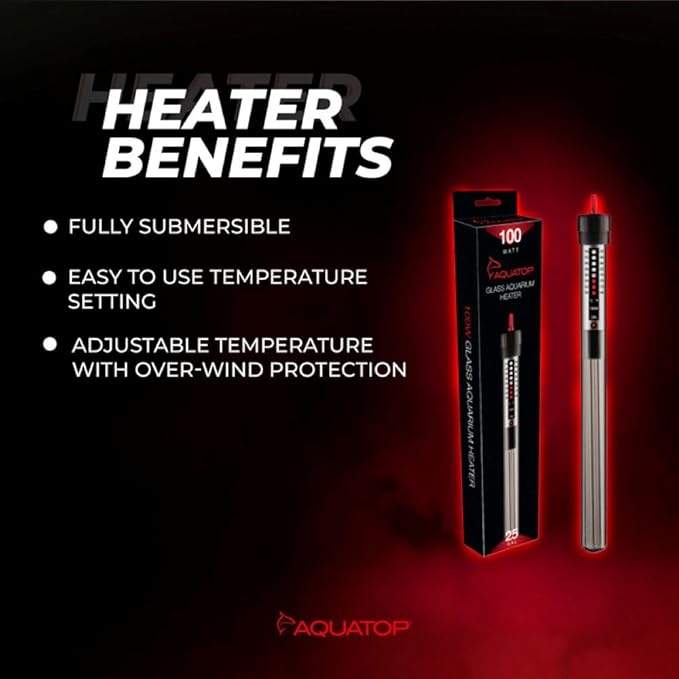 Aquatop 100W Aquarium Submersible Glass Heater - Fully Submersible for Fish Tanks Up to 25 Gallons - Adjustable Temperature 68-93°F - Ideal for Fresh & Saltwater Use