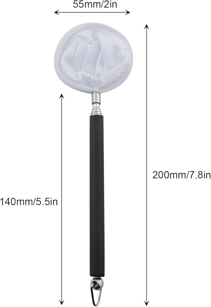 DGZZI Aquarium Fishing Net, Round Black, Stainless Steel, Telescopic Handle, Compact, 4.5-5.0 cm, 46 cm, 25g, Safe for Fish