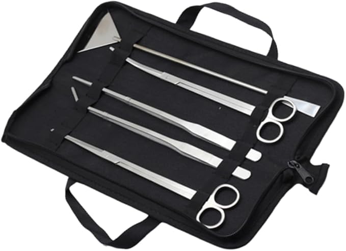 Kisangel 5pcs Aquarium Aquascaping Tool Stainless Steel Scissors Tweezers and Sand Scraper for Freshwater and Plant Maintenance Canvas Bag