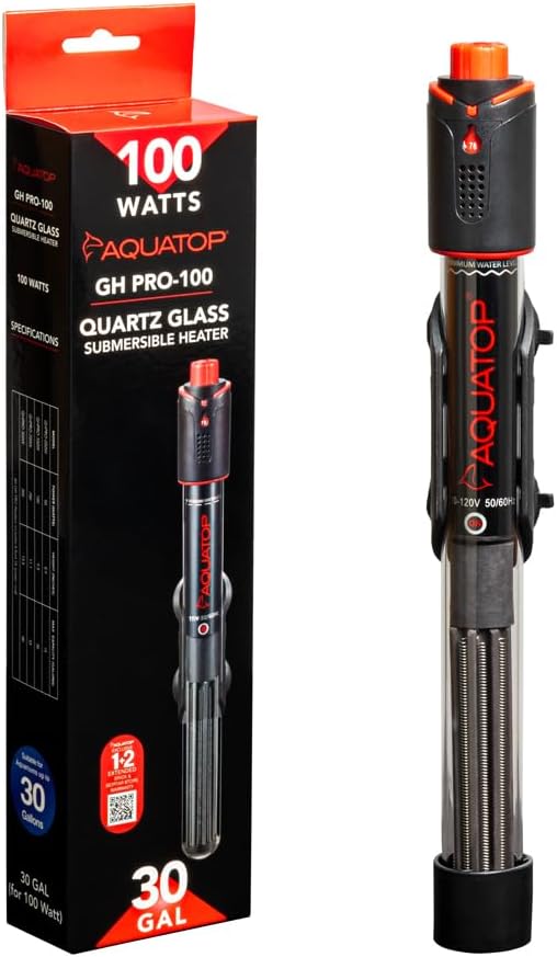 Aquatop 100W GH PRO Submersible Quartz Aquarium Heater – Adjustable Temperature Control, Durable Quartz Glass, Ideal for Freshwater & Marine Fish Tanks Up to 30 Gallons, GHPRO-100W