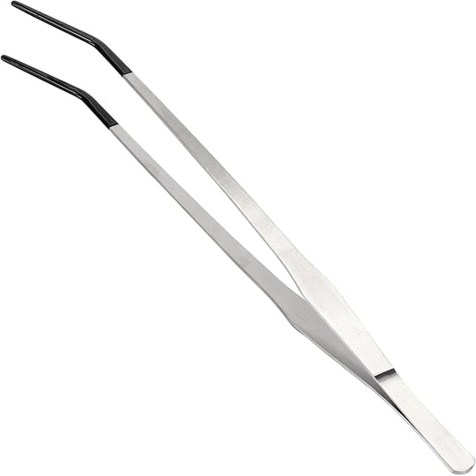 Reptile Feeding Tongs, Stainless Steel Lizard Feeding Tongs, Aquarium Curved Feeding Tweezers for Reptiles with Rubber Tip, Terrarium Feeding Tongs 14.96" L, Black Silver Tone