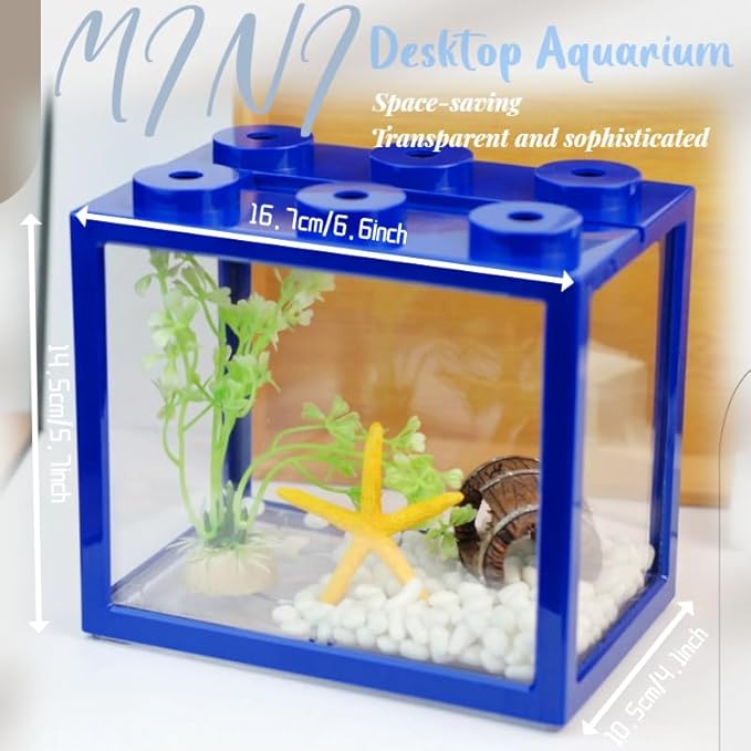 Small Betta Fish Tank, Stackable Mini Fish Tank Tiny Aquarium Tank Kit with Aquarium Gravel & Resin Decorations, 0.6 Gallon Cube Desktop Fishbowl for Snails, Crabs, Starfish (Blue)