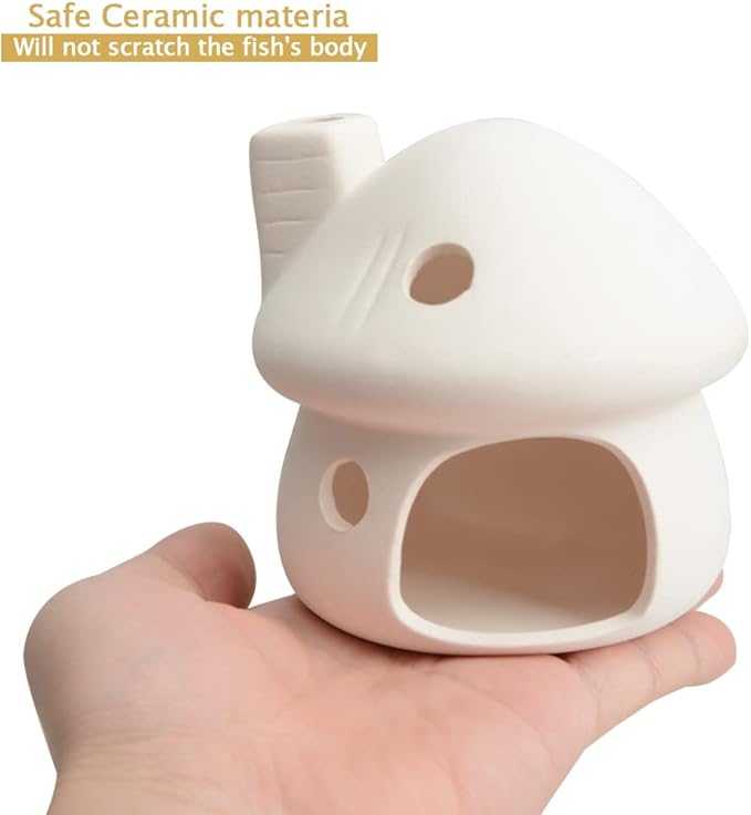 Aquarium Decor Ceramic Mushroom House Ornament Fish Tank Landscape Decoration Pottery Hide Cave Habitat Hut Small Shrimp for Goldfishes to Rest Breed Hiding (White)