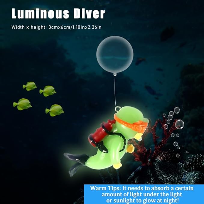 2-Pack Glow in Dark Tank Decorations, Cute Little Diver, Aquarium Decoration Accessories Ornaments with Float Ball, for Tanks (White& Green)