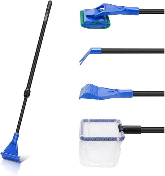 5 in 1 Fish Tank Cleaner Kit Aquarium Cleaning Tools with 22~32 Inch Extendable Non-Slip Handle Fish Tank Cleaner with Algae Scraper and Fish Net