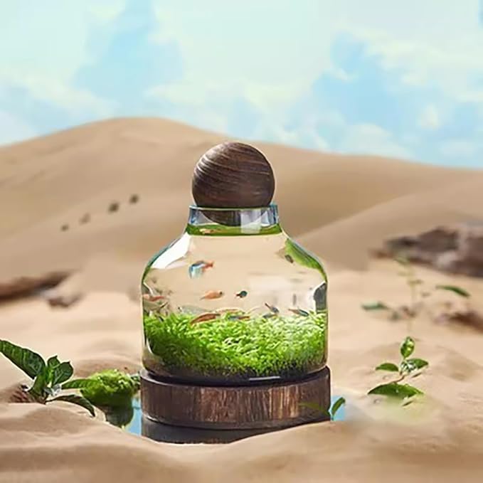 Glass Aquarium with Wooden Base, Microecosphere Fish Tank, Transparent Bottle-Shaped Batta Fish Bowel, Micro-Landscape Ecological Aquarium, Modern Glass Goldfish Tank,S