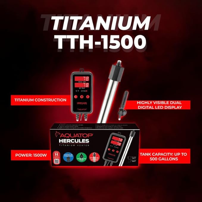 Aquatop Hercules 1,500-Watt Titanium Heater with Single Digital Controller - Up to 500-Gal - Adjustable Temperature - for Fresh & Saltwater Aquariums