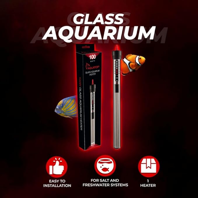 Aquatop 100W Aquarium Submersible Glass Heater - Fully Submersible for Fish Tanks Up to 25 Gallons - Adjustable Temperature 68-93°F - Ideal for Fresh & Saltwater Use