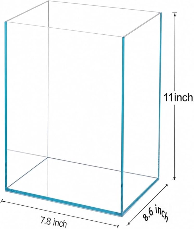 Rimless Low Iron, Glass Aquarium Tank 5mm Thickness Standard Jointed (7.8" L × 8.6" W × 11" H)