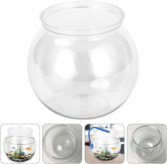 POPETPOP Plastic Fish Bowl - Small Fish Tank Desktop Round Fish Bowl Transparent Aquarium Vase Hydroponic Plant Terrarium for Home Office Decor