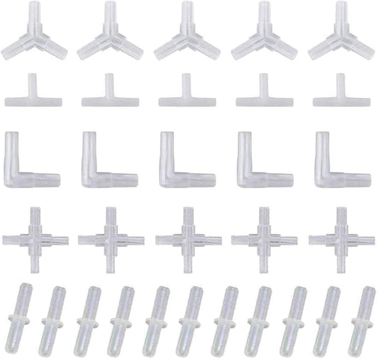 NGe 30 Pieces 4mm/ 3/16" OD Plastic Aquarium Air Line Tubing Connector Splitter, T/Y/L/Cross Shape and 2 Way Connector, for 4mm/ 3/16" ID Air Hose