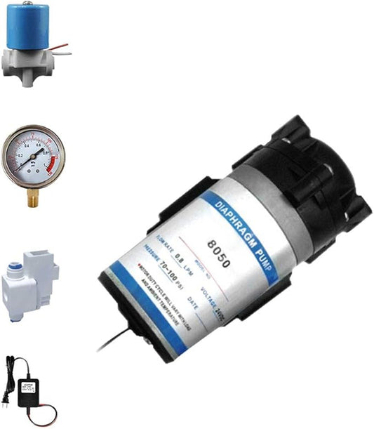 Reverse Osmosis 50 GPD RO Booster Pump + High Pressure Switch, Solenoid Valve, Pressure Gauge, 2 Connect Fittings - 1/4 OD x 3/8 MIP Elbow