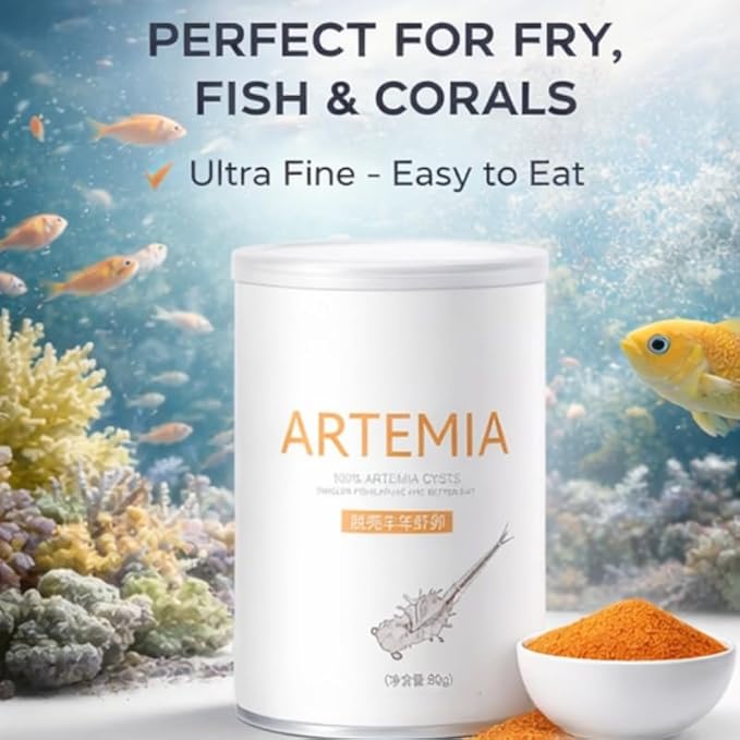 Decapsulated Brine Shrimp Eggs Non Hatching, Feeder Included, Natural High Protein Fish Food for Fry, Tropical Fish, Corals and Marine Aquariums, Artemia Nauplii, 2.82 oz (80 g)