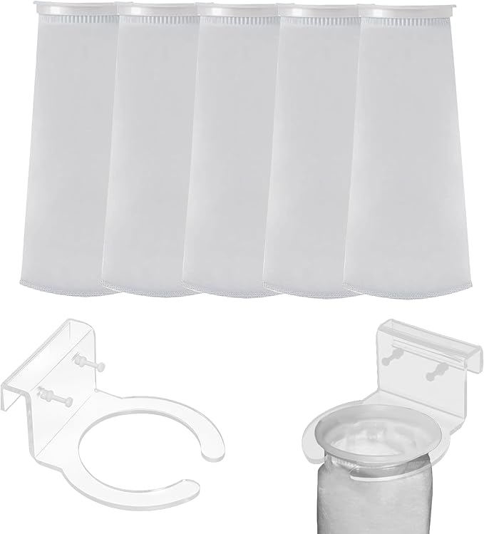 MESINURS 200 Micron 4" Ring Pre Filter Sock Bags & Holder Set, Aquarium Fish Tank Filter Strainer for Sumps, Overflows, Water Purification - Durable Reusable Filtration System