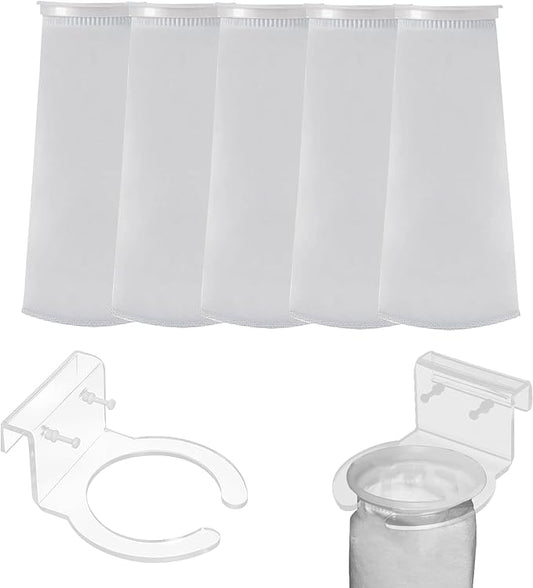 MESINURS 200 Micron 4" Ring Pre Filter Sock Bags & Holder Set, Aquarium Fish Tank Filter Strainer for Sumps, Overflows, Water Purification - Durable Reusable Filtration System