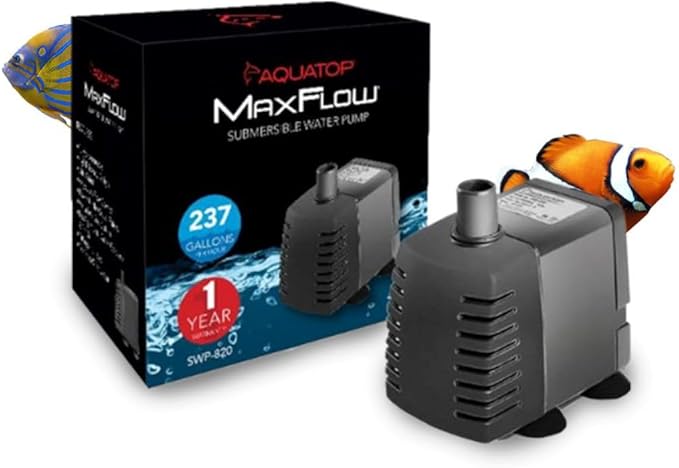 Aquatop MaxFlow Submersible Aquarium Pump 237 GPH – Adjustable Flow Rate for Fish Tanks, Sumps, Statuary, and Water Features, SWP-820