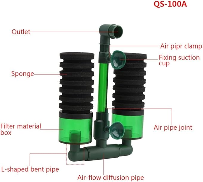 Aquarium Sponge Filter Dual Head Black Green Sponge with Filter Box Biofiltration and Oxygenation for Fish Tank Aquariums Under 23.6 Inch(QS-100A)