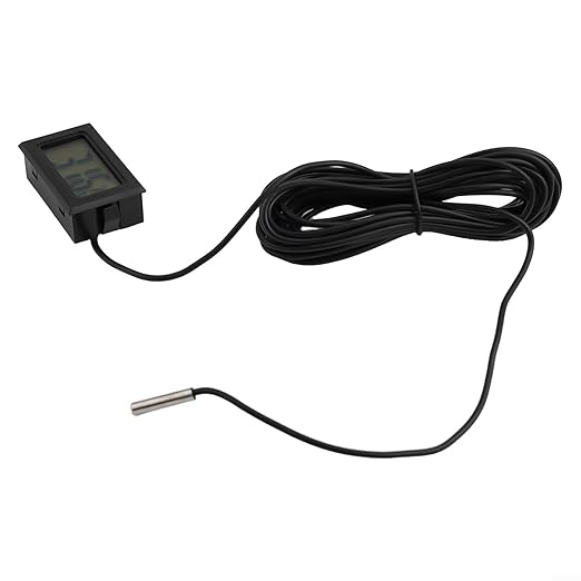 Digital Thermometer with Probe -50 to +110°C, Waterproof Sensor for Aquariums and Terrariums, LCD Display, 1m to 5m Cable, Black(5 meters)