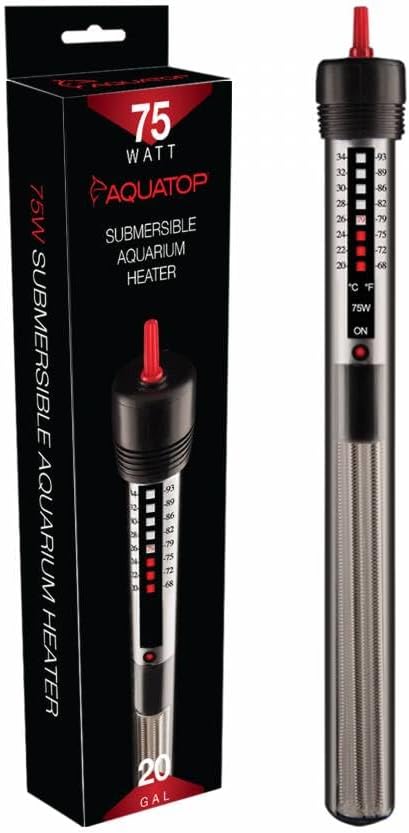 Aquatop 75W Aquarium Submersible Glass Heater – Fully Submersible for Fish Tanks Up to 20 Gallons, 68-93F Adjustable Temperature Range, Fresh & Saltwater Use, Aquarium Heaters, GH-75